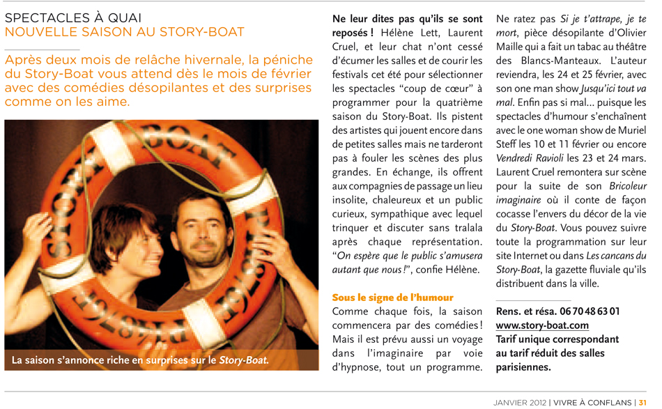 Laurent Cruel et Hélène Lett du Story-Boat théâtre dans le magazine Vivre à Conflans